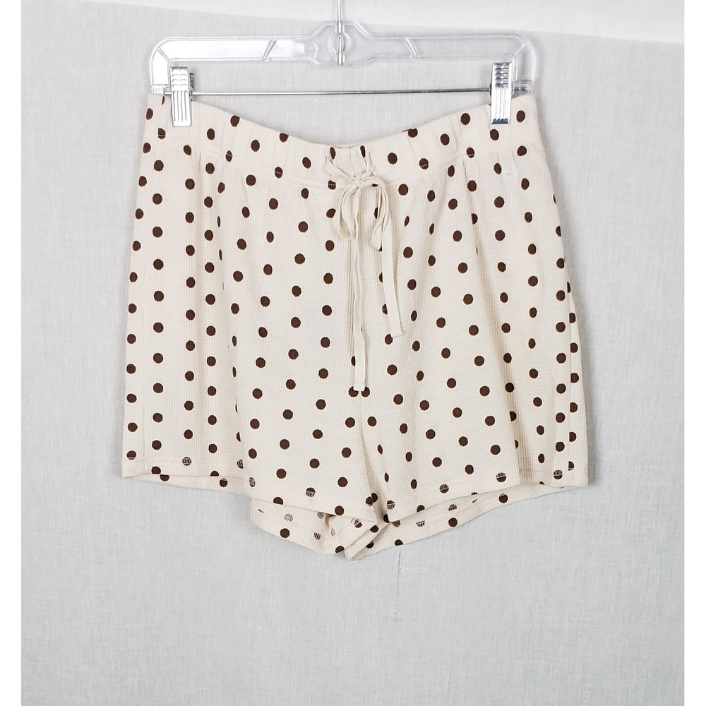 Blu Pepper Womens Waffle Knit Polka Dot Lounge Shorts Cream Brown Drawstring L